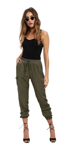 Pantalón Verde Cargo De Mujer Jogger Satín Jareta