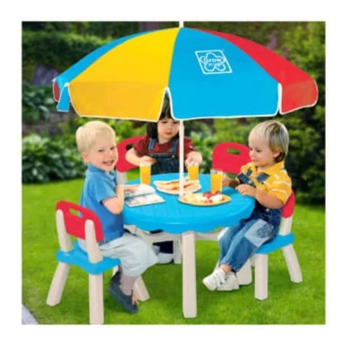 Imagen 3 de 7 de Mesa Picnic Niños Mesita 4 Bancas Y Sombrilla Multicolor