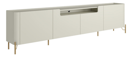 Rack Com 4 Portas Lisas 220cm Para Sala 100% Mdf Pés Metal Cor Luna Com Dourado