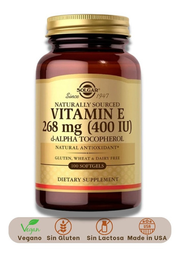 Solgar Vitamina E 268mg 400iu D-alpha Tocopherol 100 softgels Sabor Neutro