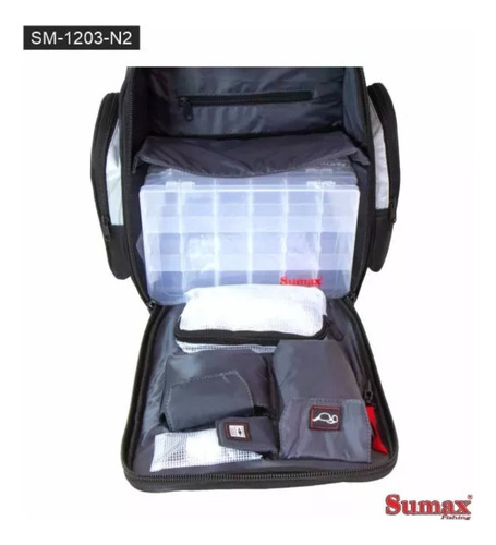 Bolso De Pesca Sumax Mochila 3 Cajas Porta Reel Pinza Gafas Negro