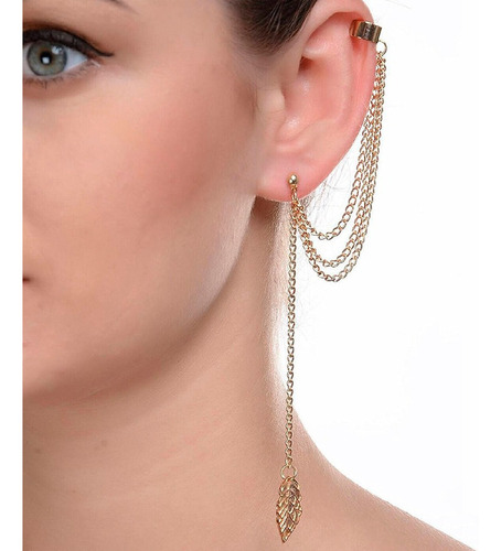 Brinco Corrente Multicamadas Em Folha Dourado Ear Cuff Folha