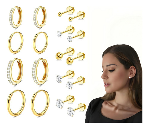 9pare Aretes De Oro 14k Mujer Arracadas Piercing Cartílago