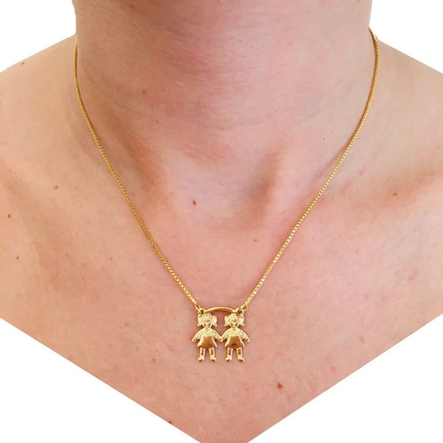 Gargantilha Duas Meninas Delicadas Folheado A Ouro 18 K Cor Dourado
