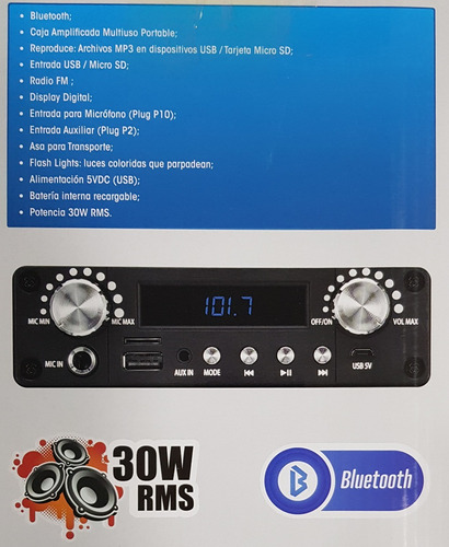 Imagen 2 de 2 de Parlante Portatil Karaoke Mondial Mc005 30w Bluetooth Usb Fm