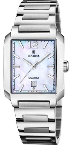 Reloj Festina On The Square Mujer Rectangular Fecha F20679.2 Malla Plateado Bisel Plateado Fondo Nácar