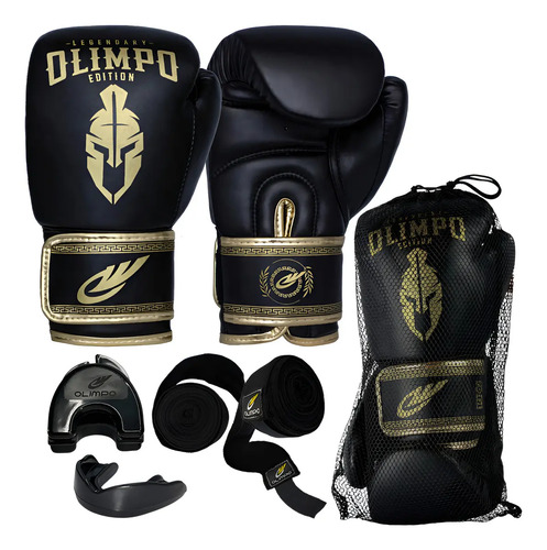Luva De Boxe Muay Thai + Bandagem + Bucal + Case Kickboxing Cor Preto/dourado Tamanho 14oz