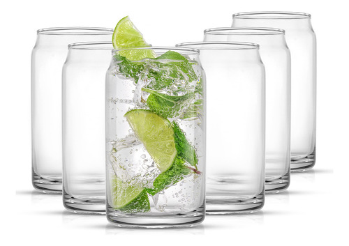 JoyJolt Juego de vasos de vidrio para beber de 6 a 16 onzas. Vasos de vidrio con forma de lata de soda transparente, lindos vasos de taza de café helado, cristalería para bebidas frías, agua única