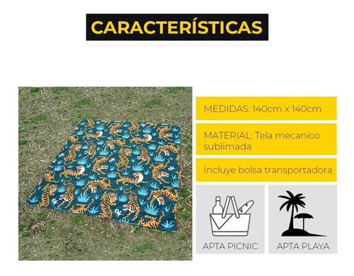 Imagen 6 de 7 de Lona Playera Lona Picnic Con Bolsa 140x140 Tiger Tigre Selva