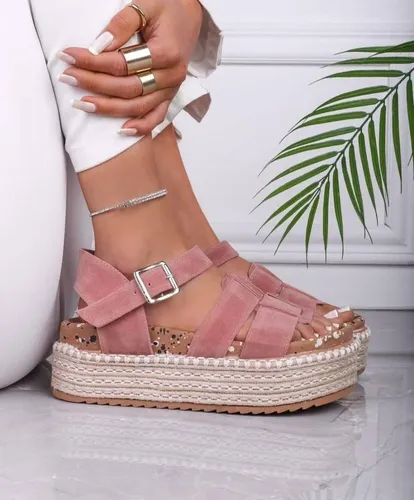 Sandalias Con Plataforma Base Yute De Cuero Gamuza Nude Rosa