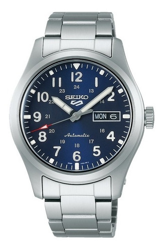 Reloj Seiko 5 Sports Srpg29 K1 Automatico Fondo Azul Bisel Plateado Correa Plateada