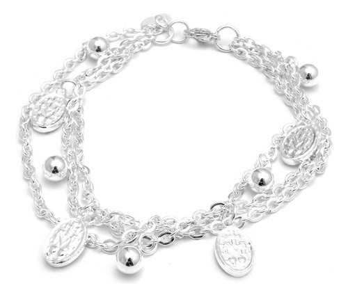 Pulsera Medalla Milagrosa Y Bolitas 19cm De Acero Blanco 