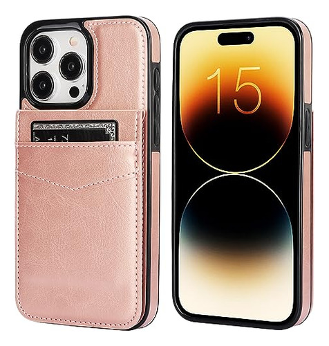 Funda Cartera Para iPhone 15 Pro Max Rose Dorado 6.7 PuLG-13