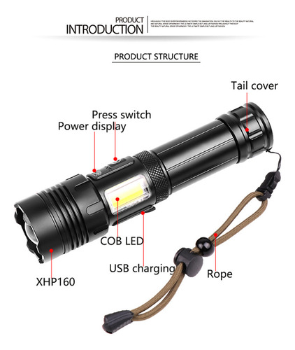 Linterna Led Cob, Recargable Por Usb, Ipx4, Impermeable (sin