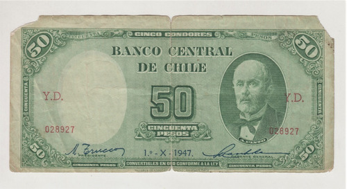 Billete Chile 50 Pesos 1 Octubre 1947 Fechado (c85)