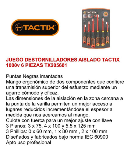 Imagen 2 de 5 de Juego 6 Destornilladores Tactix Aislados 1000v Imantada