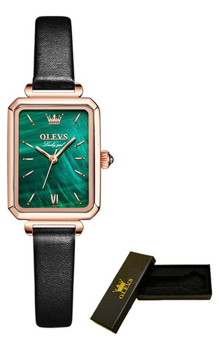 Correa de reloj Olevs 6624 cuadrada de cuero y cuarzo, color negro