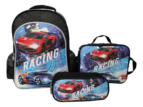 Set Escolar Tr Car08 Carro Mochila, Lonchera Y Lapicera Tr Color Negro Diseño De La Tela Poliéster