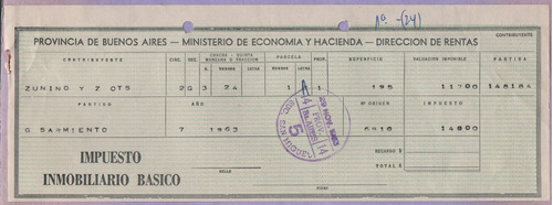 Recibo De Impuesto Inmobiliario De Gral Sarmiento De 1963