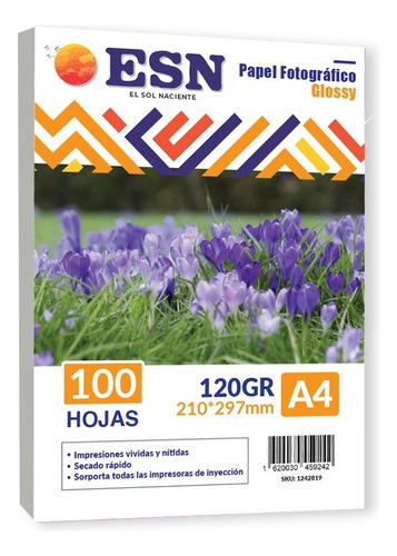 Papel Fotografico Glossy A4 120g Glossy Pack 100 Hojas Esn