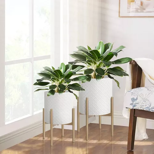 Oakrain Macetas de mediados de siglo para plantas de interior, juego de 2,  macetas decorativas modernas de metal para sala de estar, oficina, jardín o