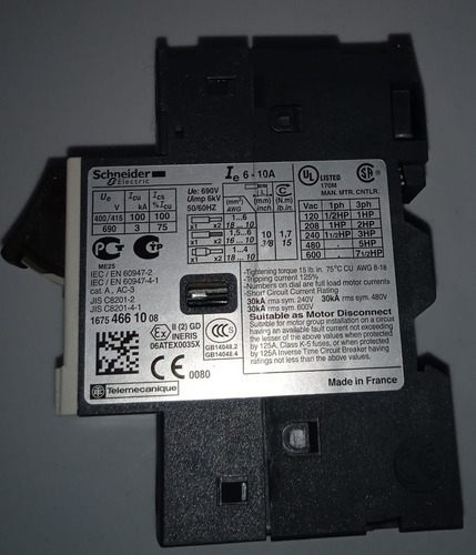 Breaker 6-10a, Marca:schneider, Modelo:gv2me14 (Usado)