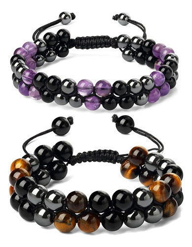 Pulsera De Cuentas De Hematita Obsidiana Negra 2 Piezas