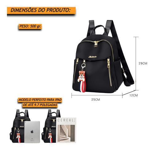 Mini Bolsa TokShop Mochila Feminina Pequena De Costas Com Chaveiro Cor Preto Desenho Do Tecido Liso Com Detalhes Exclusivos