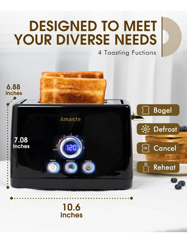 Tostadora Retro De 2 Rebanadas Con Temporizador Digital Led Arábica Negro