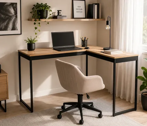 Mesa Escrivaninha Em L Industrial Preta Setup Multiuso Madeira E Mel