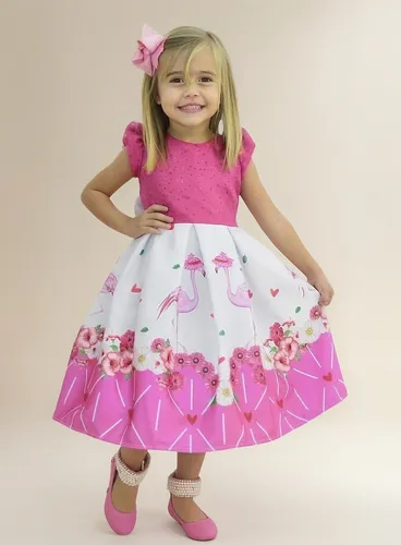Vestido Infantil Flamingo Rosa Glitter