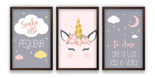 Quadros Decorativos Quarto Menina Unicórnio Estrelas 