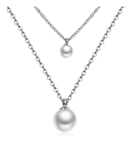 Imagen 1 de 3 de Collar Multicapa Mujer Doble Cadena Dije Perla Bolitas Acero