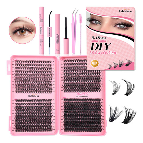 804 Kit Pestañas Maquillaje Bablabear Diy Extension Mixto Curvatura D 9-18mm 30d+40d+50d+60d Con Pegamento Y Removedor Pestañas Individuales Kit Completo Diy