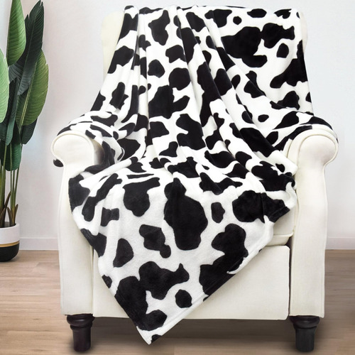 Manta De Forro Polar Con Estampado De Vaca, Cama En Blanco Y