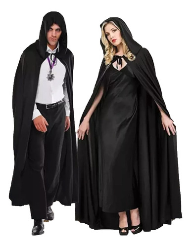Disfraz Halloween Capa Negra Larga Con Capucha 130cm 