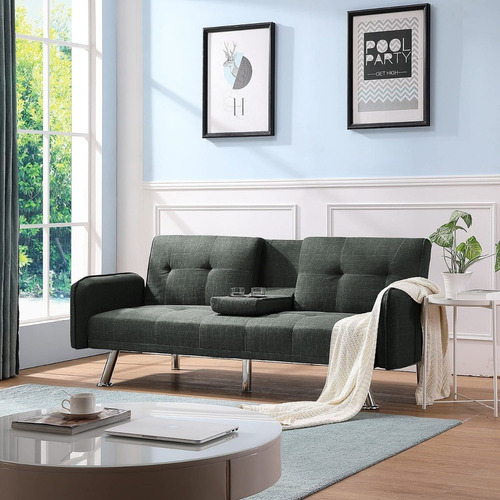 Sofa Cama Convertible Y Ajustable Porta Vasos Color Grisos