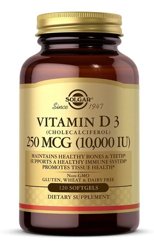 Vitamina D3 250mcg 10,000iu 120 Capsulas Blandas Solgar Sabor Neutro