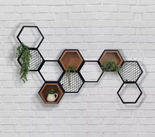 Nicho Sala De Ferro Estilo Industrial Colméia 10 Hexágonos Cor Marrom