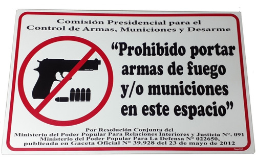 Prohibido Uso O Porte De Armas De Fuego Cartel Pvc 50 X 80cm