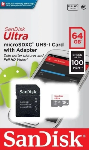 Imagem 1 de 5 de Cartão Memória Sandisk Ultra 64gb 100mb/s Classe 10 Microsd