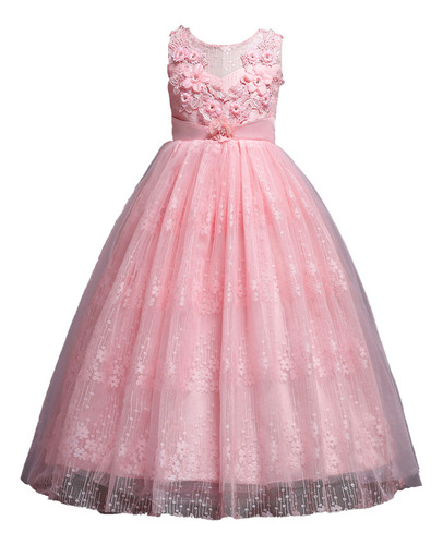 Vestido De Princesa De Tul Con Encaje De Flores Para Niñas