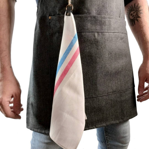 Delantal Jean Y Cuero Vacuno Con Mosquetones Barbería Cocina