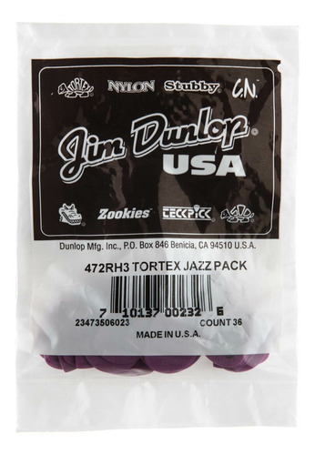 Uñetas Jim Dunlop 472rh3 Tortex Jazz Iii Bolsa X36u Color Violeta