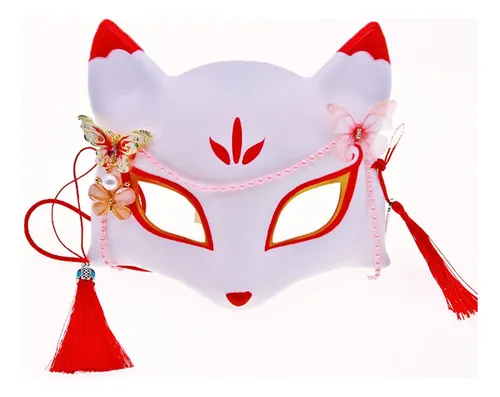 Máscara Kitsune Japonesa De Media Cara – Kabuki De Gato O Zorro Con Borlas Y Campanillas, Ideal Para Halloween Y Cosplay