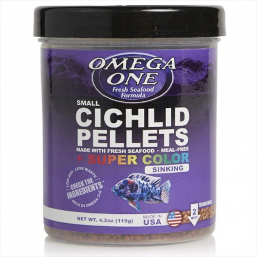 Omega One Cichlids Pellets Super Color Small Sinking 119g Alimento para Peces Ciclidos en Granulos Pequeños 2mm de Lento Hundimiento a Base de Comida de Mar Colores Vibrantes