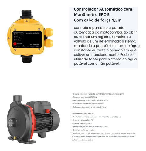 Bomba Pressurizador De Agua Lepono 1 Cv Com Pressostato