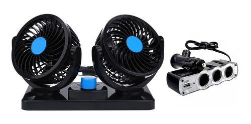 Ventilador Auto 12v 5 Aspas Doble 4 PuLG + Adaptador 3 Bocas