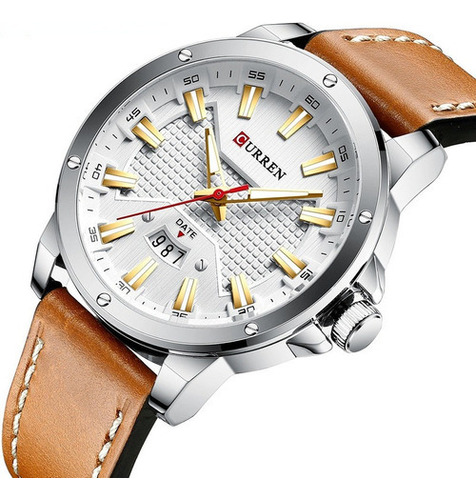 Hermoso Reloj Curren Para Hombres Color de la correa Marrón claro Color del bisel Plateado Color del fondo Blanco