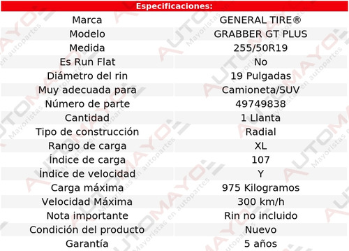 Llanta Grabber Gt Plus General Tire 255/50r19 107y Xl